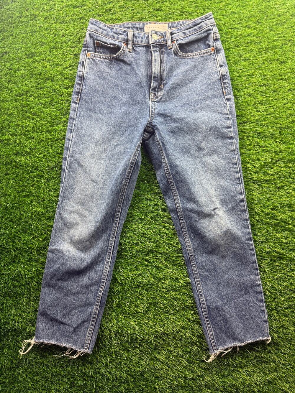 Topshop Jeans Women's 26x30 Blue Straight Leg Raw Hem Frayed Denim Casual Cotton